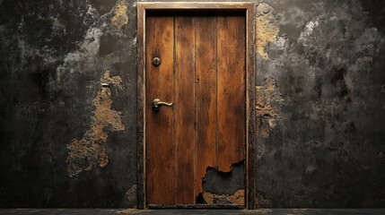Old Wooden Door in a Damaged Wall