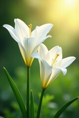 Fototapeta premium White lilies unfolding petals in soft morning light, serene, flowers