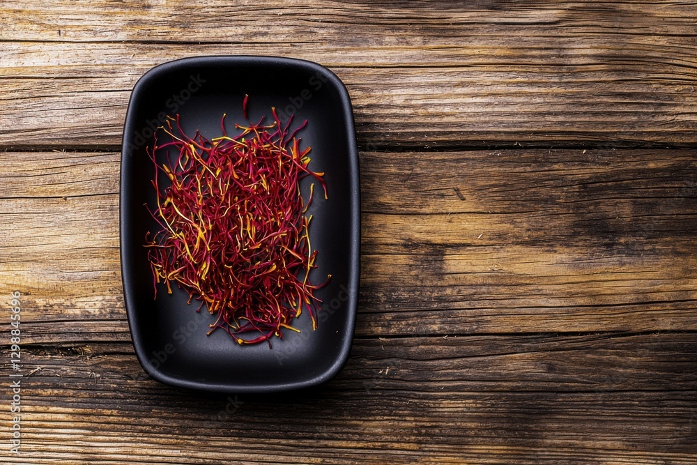 Aufkleber saffron threads displayed on a black plate resting on a rustic wooden table