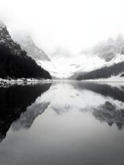 A quiet lake reflecting the silhouettes of snow-covered mountains, with a moody and timeless black and white aesthetic