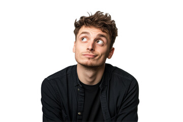 Contemplative young man studio setting png background transparent view emotional expression thoughtful concept