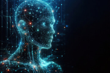 Futuristic digital human head made of glowing blue particles and connections