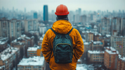 A construction worker with a hard hat and backpack stands on a rooftop
