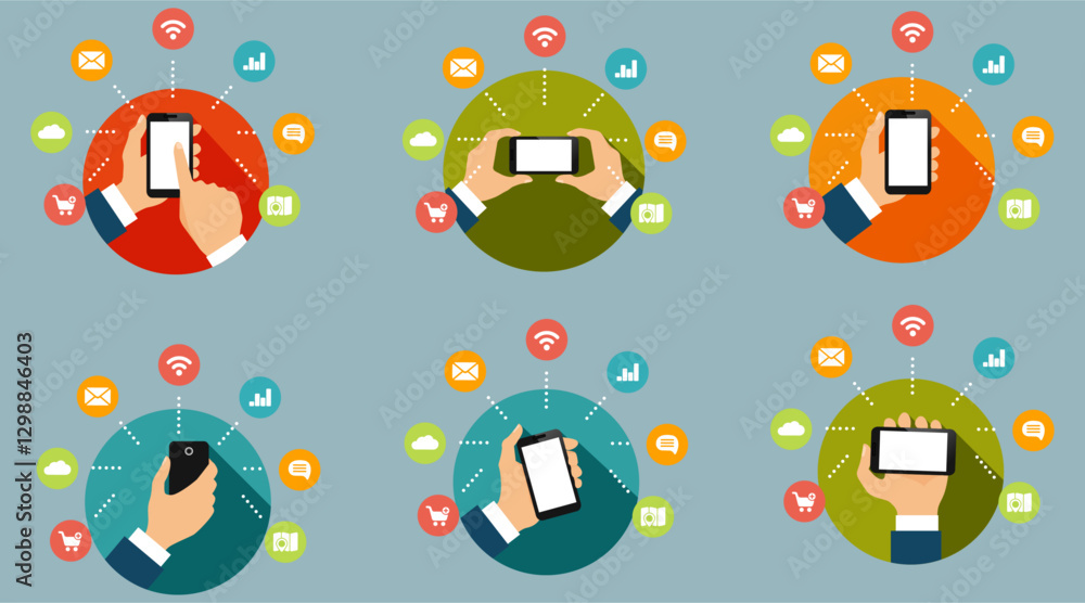 Poster mobile app connectivity concept, hands holding smartphones, icons representing various app functions