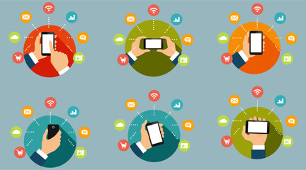 Mobile App Connectivity Concept, Hands Holding Smartphones, Icons Representing Various App Functions, Communication Technology, Digital Network, Flat Design Illustration