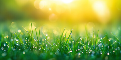 Obraz premium Vibrant green grass on meadow with drops of water in the morning light in spring, macro, soft bokeh, blurred