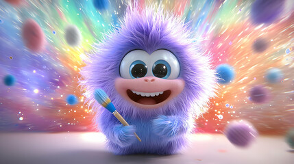 Happy purple creature painting, colorful burst background, children's book illustration
