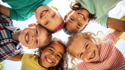A joyful group of five children smiling brightly, forming a circle while posing for a photo under sunny skies.