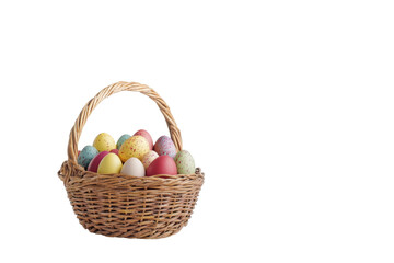 Fototapeta premium Colorful easter eggs in a woven basket transparent png for festive designs