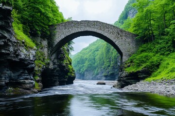 Fototapeta premium A medieval stone bridge arching over a slow-moving river, surrounded by ivy-covered ruins