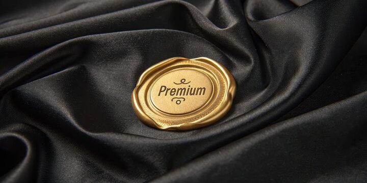 A golden seal with "Premium" inscribed rests on luxurious black fabric, symbolizing quality and elegance. Quality in King