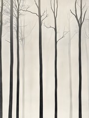 Foggy forest scene in grayscale, with tall, bare trees fading into the mist, creating a sense of depth and mystery