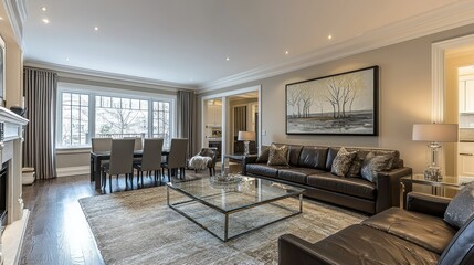 Luxurious open-concept living room with dining area, featuring art and hardwood floors