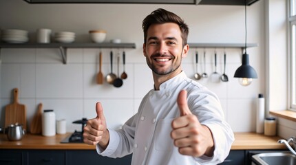 Smiling chef gives double thumbs-up in modern kitchen, showcasing culinary excellence and positive vibes. A delightful cooking scene!