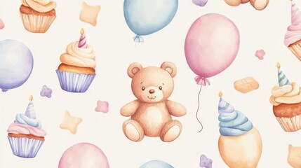 Celebration Pattern with Teddy Bear Balloons and Cupcakes Illustration
