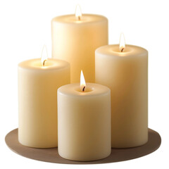Four pillar candles burning brightly on a wooden tray png isolated on transparent background