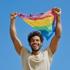A joyful male individual exuberantly waves a rainbow flag against a bright blue sky, celebrating pride.