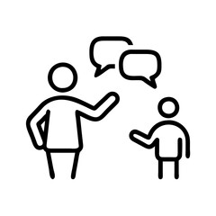 Adult and child communication icon in black outline style teacher talking to parents