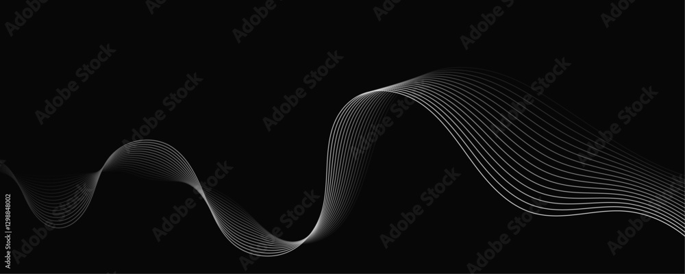 Poster abstract white wave dynamic curve lines on black background. energy technology concept modern backdr
