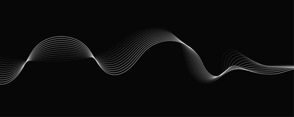 Abstract white wave dynamic curve lines on black background. Energy technology concept modern backdrop design for business, presentation, banner.