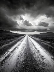 Fototapeta premium Lonely road stretching through an endless, barren landscape, captured in high-contrast black and white photography