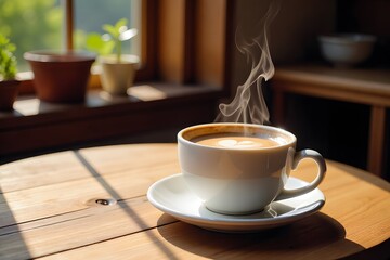 Obraz premium Steaming Cup of Coffee on Rustic Wooden Table