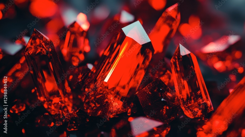 Poster glowing red crystal formation with sharp edges and reflections