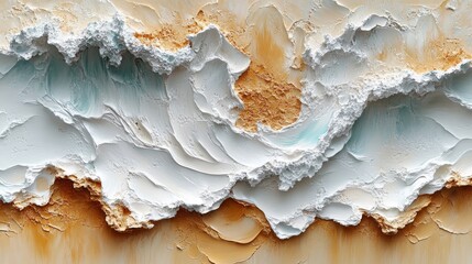 Abstract textured art with white and orange paint.