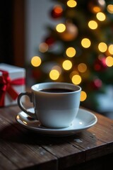 Obraz premium Single coffee cup in a festive Christmas lighting scene, winter, festive, glow