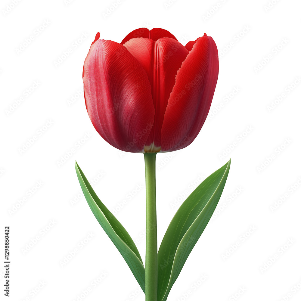 Poster red tulip with smooth petals and vibrant color stands against a white background in a simplistic des