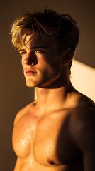 Fototapeta premium Scandinavian man blonde hair golden lighting
