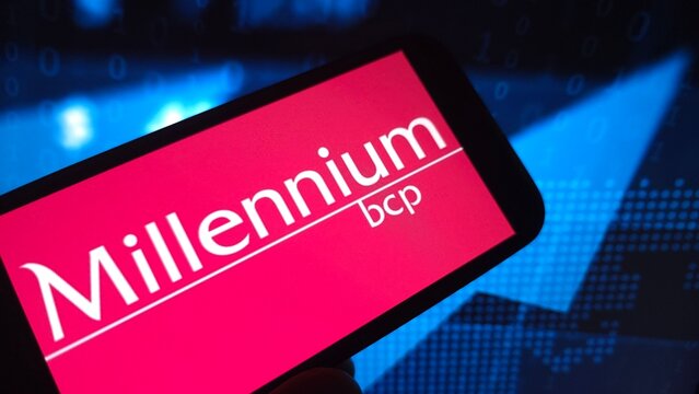 Konskie, Poland - February 25, 2025: Millennium bcp company logo displayed on mobile phone