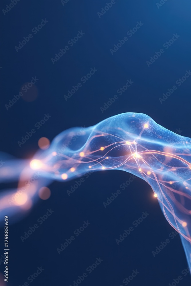 Poster close-up of highly detailed 3d-rendered human nervous system with illuminated pathways showcasing ne