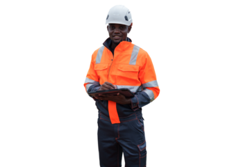 Black engineer maintains industrial plant on transparent background,( PNG )Photo