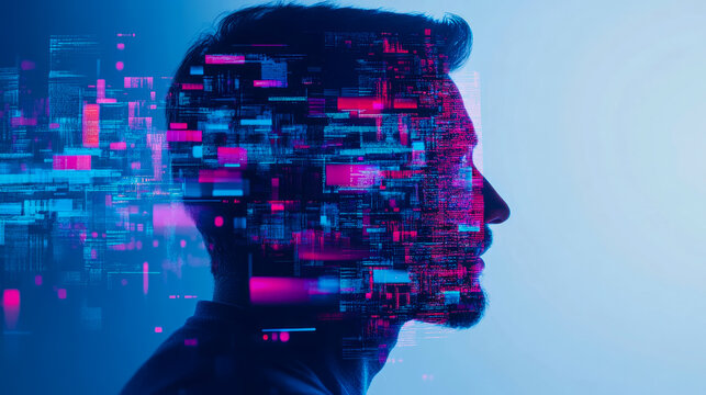 Digital Identity: Man Profile Merged with Abstract Computer Code, Exploring the Convergence of Human and Artificial Intelligence