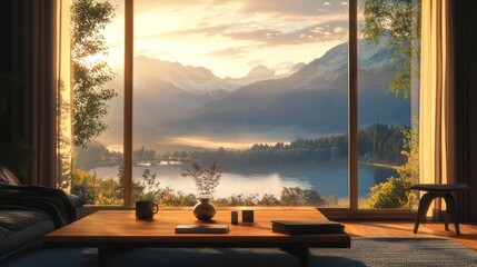 Mountain Lake View from Modern Home Interior