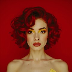Fototapeta premium A woman with red hair and yellow eyes stands in front of a red background