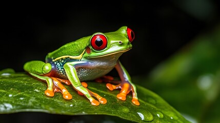 Vibrant Red eyed Tree Frog perched on a leaf its striking red eyes wide open tiny orange toes gripping the wet surface body glowing in neon green hues