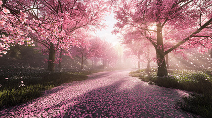 Dreamy Cherry Blossom Garden Pathway with Soft Sunlight