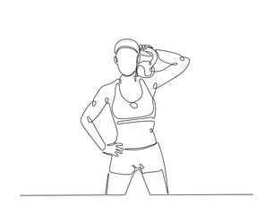 Young woman lifting kettlebell simple line art illustration. Continuous one line draw of woman workout using kettlebell.