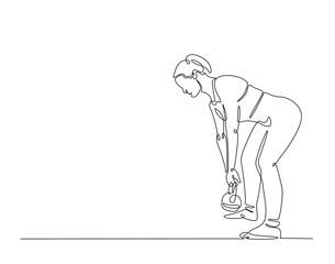 Young woman lifting kettlebell simple line art illustration. Continuous one line draw of woman workout using kettlebell.