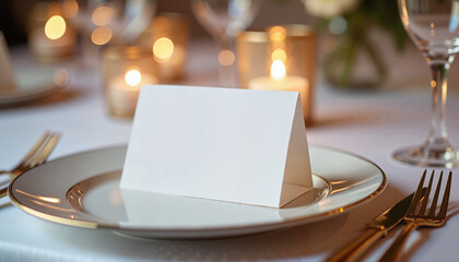 Elegant wedding place card mockup with candlelit table setting