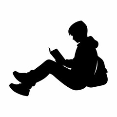 A Teenage Boy reading book sitting on the ground vector silhouette