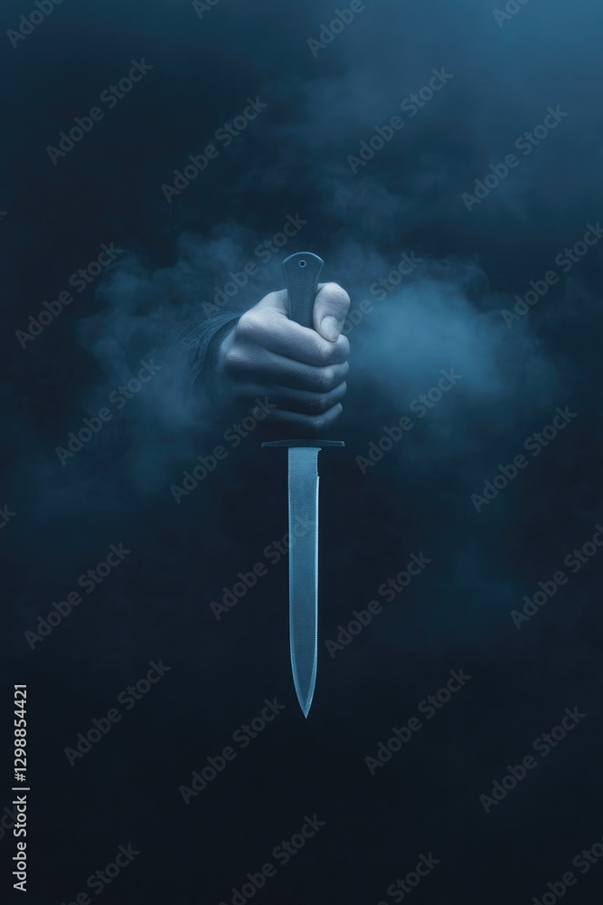 Poster close-up of menacing hand gripping knife in low light partially obscured by shadows and mist