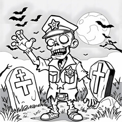 Cartoon Zombie Police Officer Graveyard Scene Comic Book Style Halloween Themed Ink Sketch Black and White Illustration