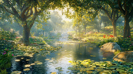 Fototapeta premium Enchanting Forest Oasis with Sunlit Waterfall and Blooming Flowers