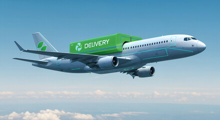 Obraz premium Delivery Aircraft delivering cargo in blue sky with delivery box on top. Logistics concept
