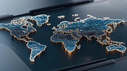 Digital world map hologram overlays contemporary office backdrop illustrating innovative global business concepts and connectivity