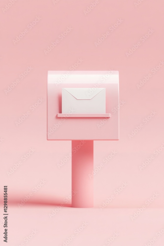Poster close-up of modern 3d-rendered mailbox in soft pink tones standing against smooth gradient backgroun