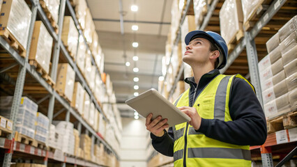 warehouse worker in high visibility gear uses tablet to check inventory in large storage facility. organized shelves filled with boxes create productive atmosphere